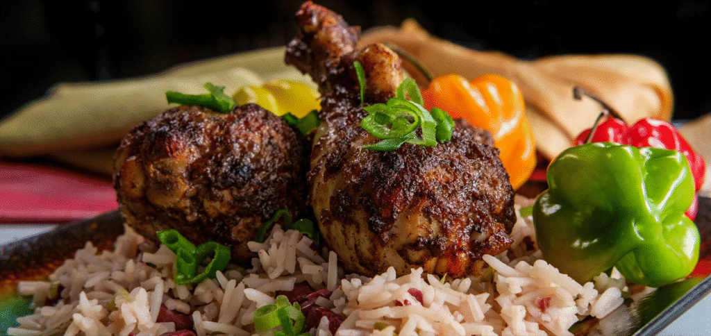 A close-up shot of two juicy, roasted chicken legs, also known as drumsticks, covered in a dark, savory sauce. They are resting on a bed of white rice mixed with red beans. The dish is garnished with sliced green onions and accompanied by colorful bell peppers in the background.